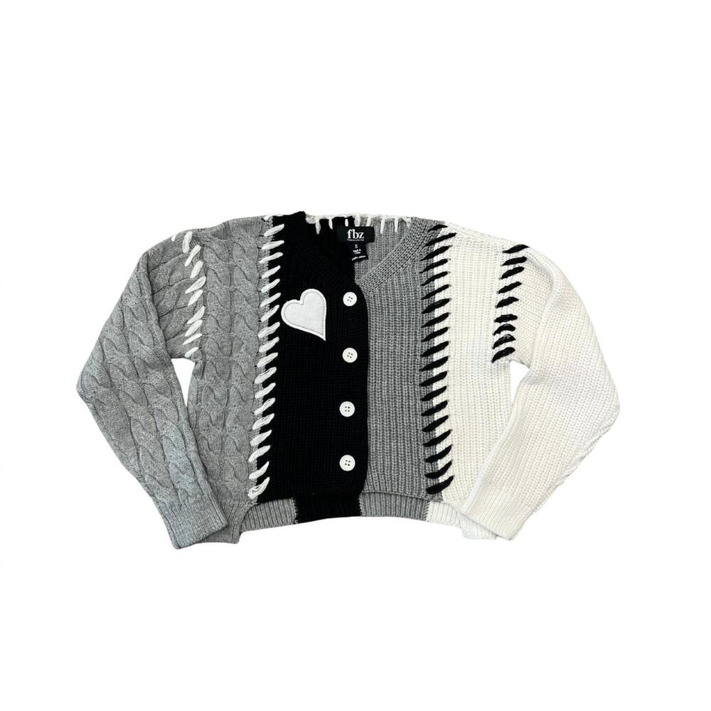 NEW FLOWERS BY ZOE girl's colorblock cardigan sweater in black/grey/white
